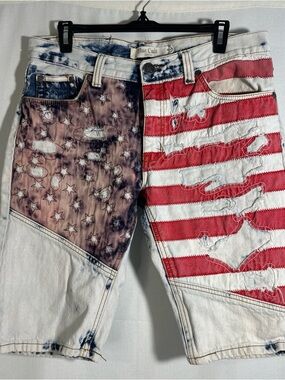 Blue Cult Men’s Distressed American Flag Denim Shorts - Red & Blue